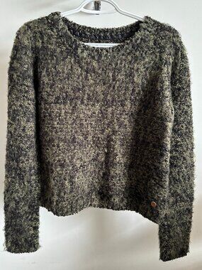 NWT s.Oliver Bouclé Fuzzy Knit Cozy Cropped Sweater Olive Green Black M 38